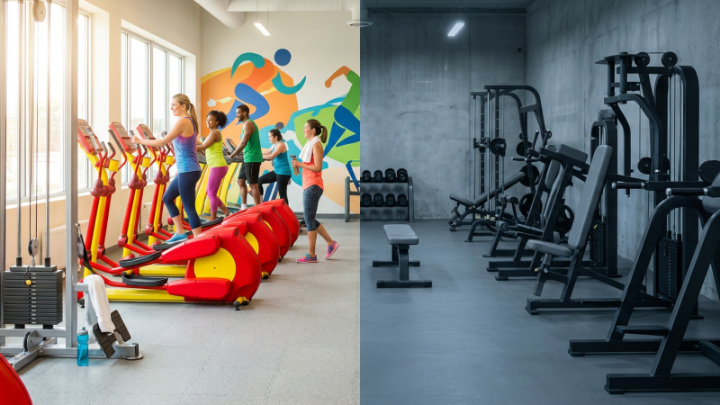 People exercising on red and yellow cardio machines next to an empty weight training area with black gym equipment