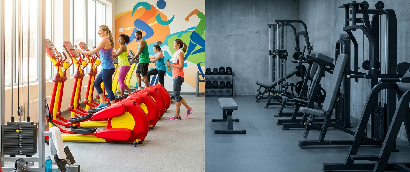 People exercising on red and yellow cardio machines next to an empty weight training area with black gym equipment