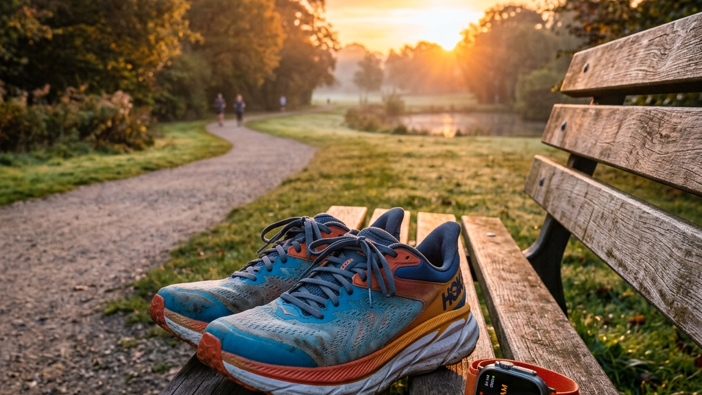 Running shoes and smartwatch on park bench at sunrise