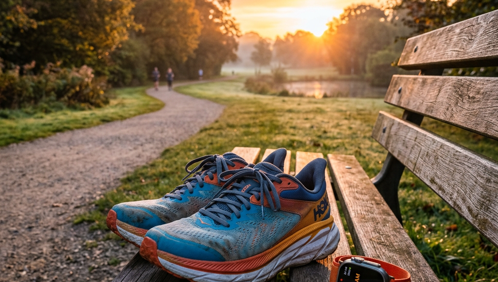 Running shoes and smartwatch on park bench at sunrise