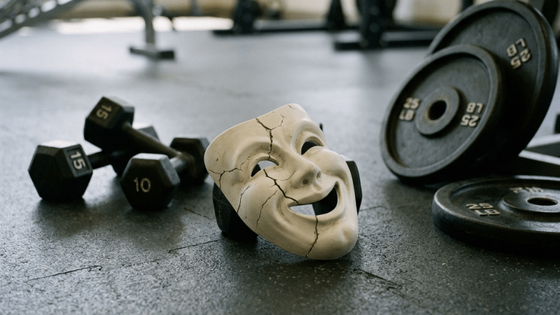 Cracked smiling comedy mask on gym floor with dumbbells and weight plates