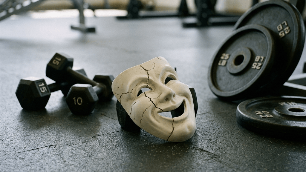 Cracked smiling comedy mask on gym floor with dumbbells and weight plates