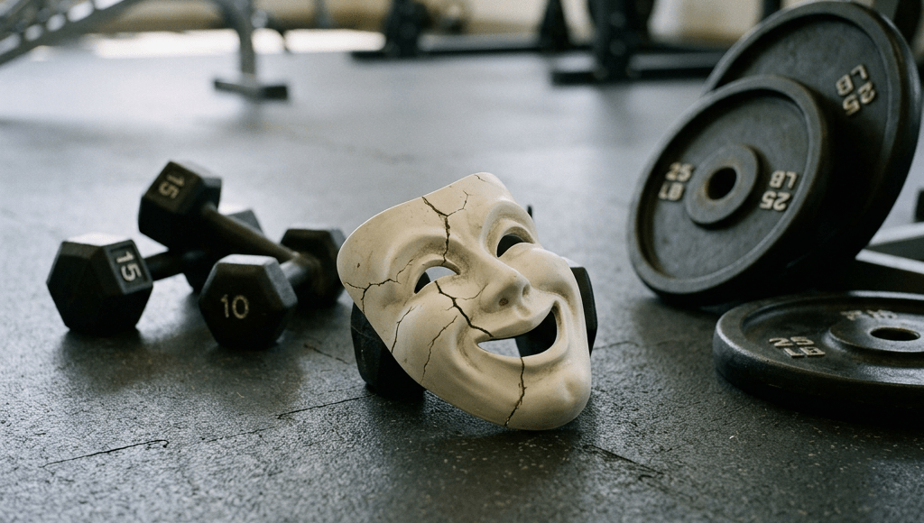 Cracked smiling comedy mask on gym floor with dumbbells and weight plates
