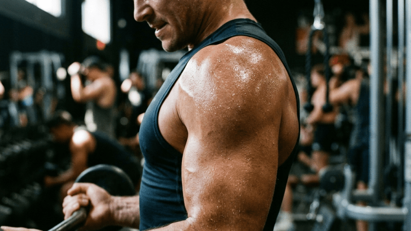 Sweaty man in sleeveless shirt lifting barbell in gym