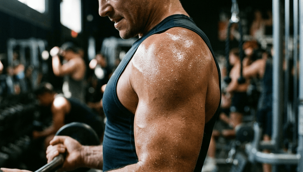 Sweaty man in sleeveless shirt lifting barbell in gym