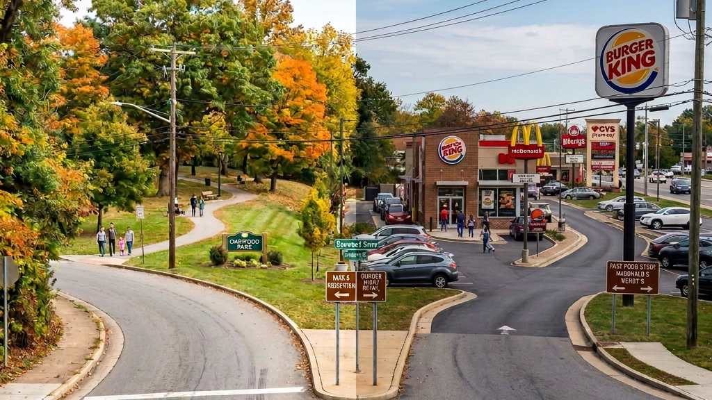 Burger King restaurant with drive-thru open next to Oakwood Park with walking path and fall trees