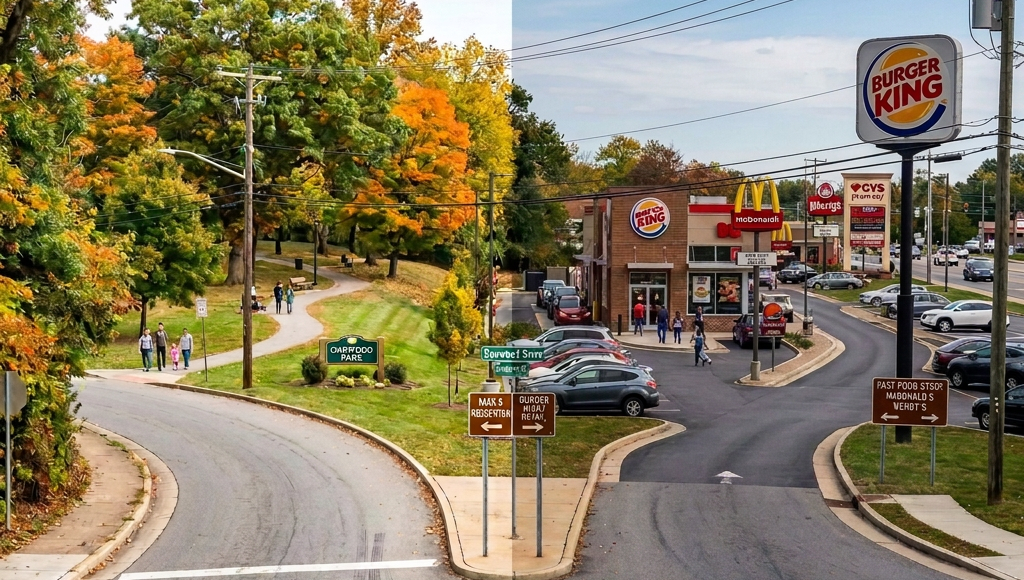 Burger King restaurant with drive-thru open next to Oakwood Park with walking path and fall trees