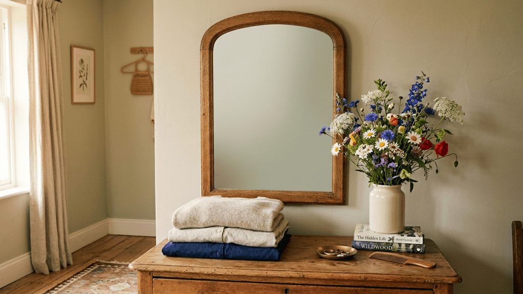 Bedroom dresser with folded clothes, flower vase, mirror, books, and comb
