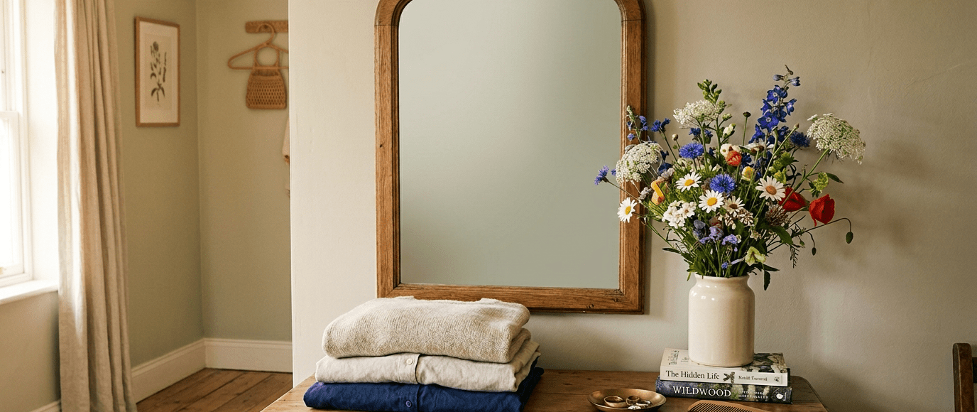 Bedroom dresser with folded clothes, flower vase, mirror, books, and comb