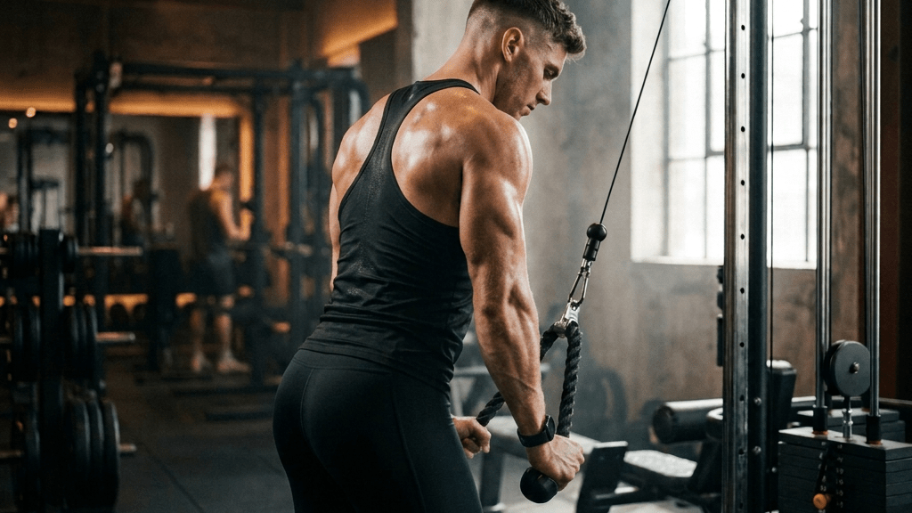 Athlete performing a cable rope triceps pushdown in a gym