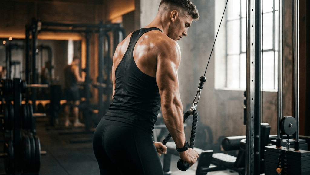 Athlete performing a cable rope triceps pushdown in a gym