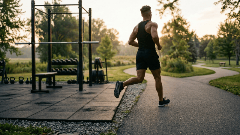 Woman jogging beside outdoor gym equipment at sunset