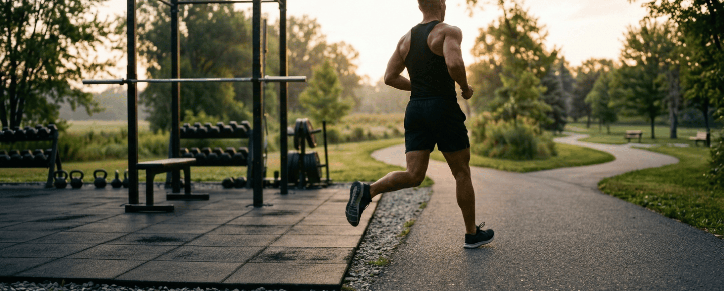 Woman jogging beside outdoor gym equipment at sunset